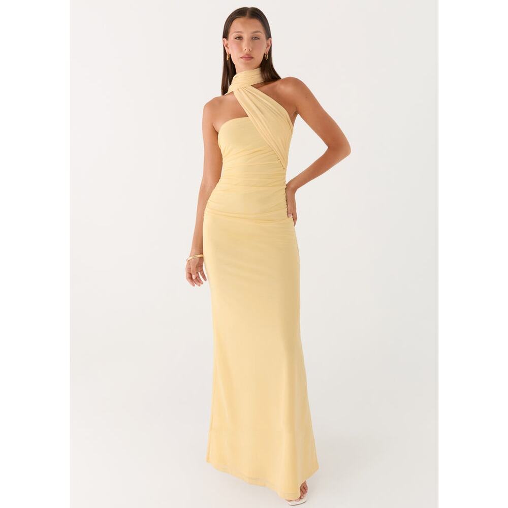 Pepper Mayo Yellow Songbird Maxi Dress Ruched Detail Summer Preppy Formal Prom